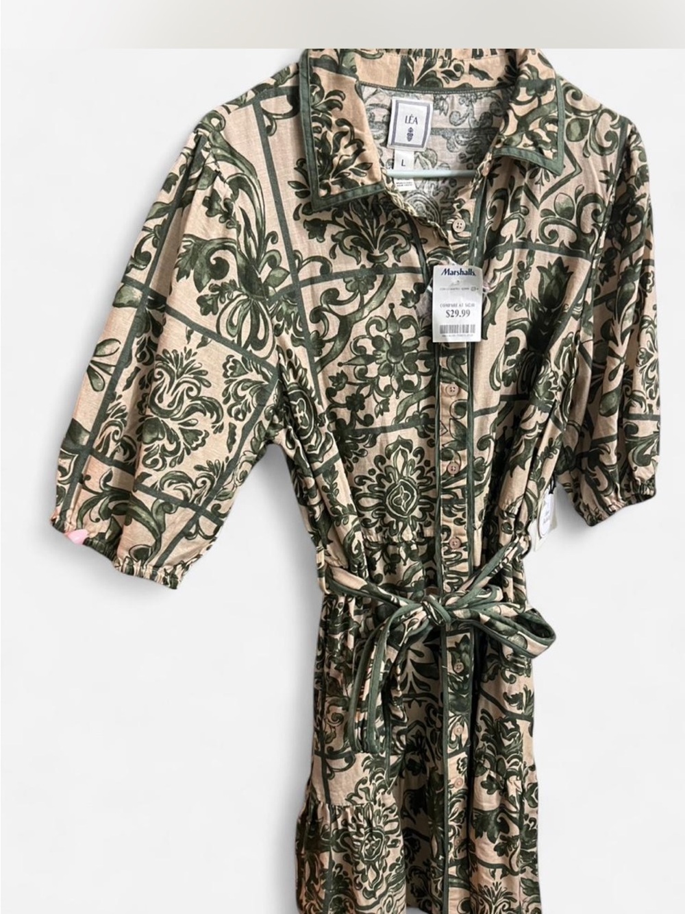 Green Patterned Mini Dress with Tie Waist
